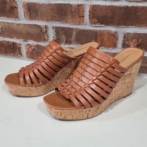 Franco Sarto Leather Open Toe Brown Cork Wedges Size 7.5
